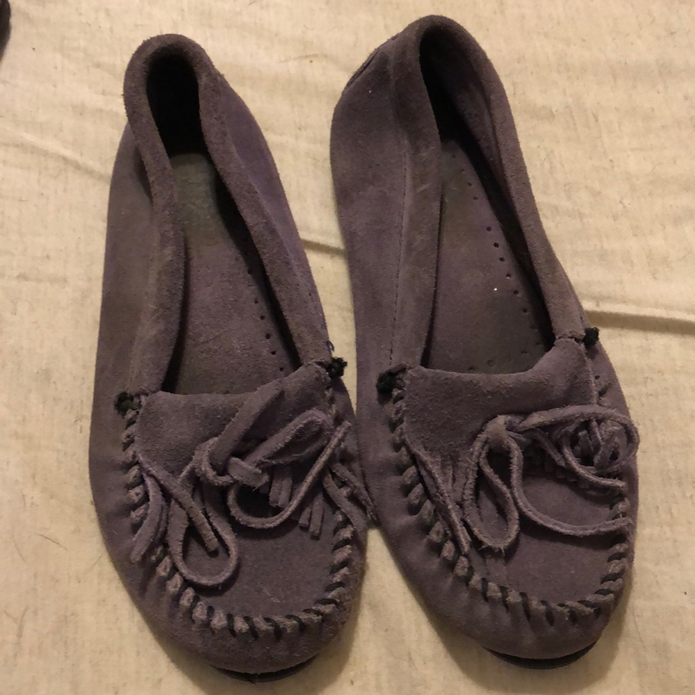 Purple suede Minnetonka moccasin driving shoes.